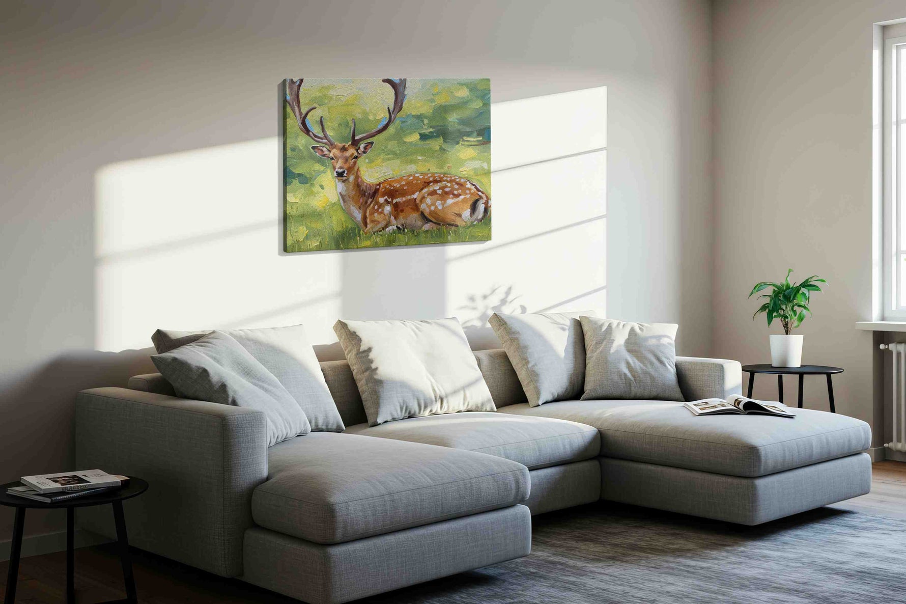 Majestic Meadow Guardian animals canvas print, displayed in a living room