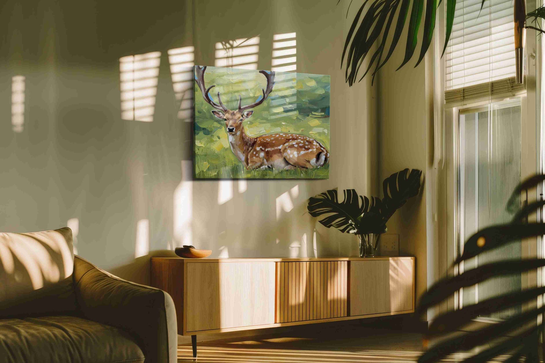 Majestic Meadow Guardian animals canvas print in a hung canvas mockup