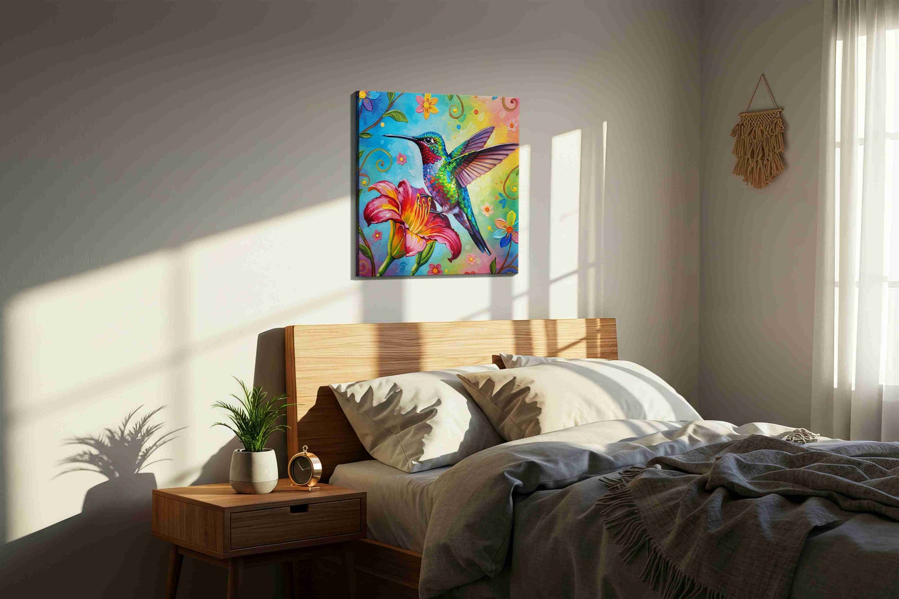 Radiant Flight of the Hummingbird birds canvas print, displayed in a bedroom