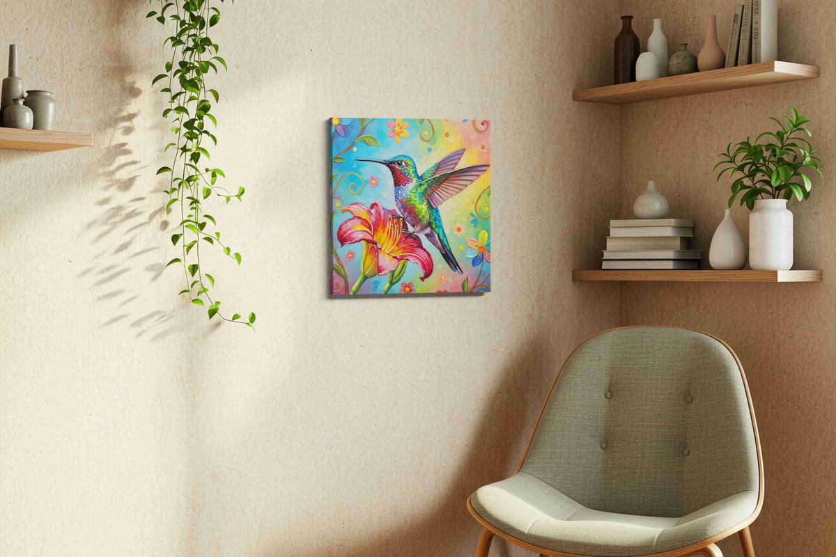 Radiant Flight of the Hummingbird birds canvas print, hanging on wall — view 2