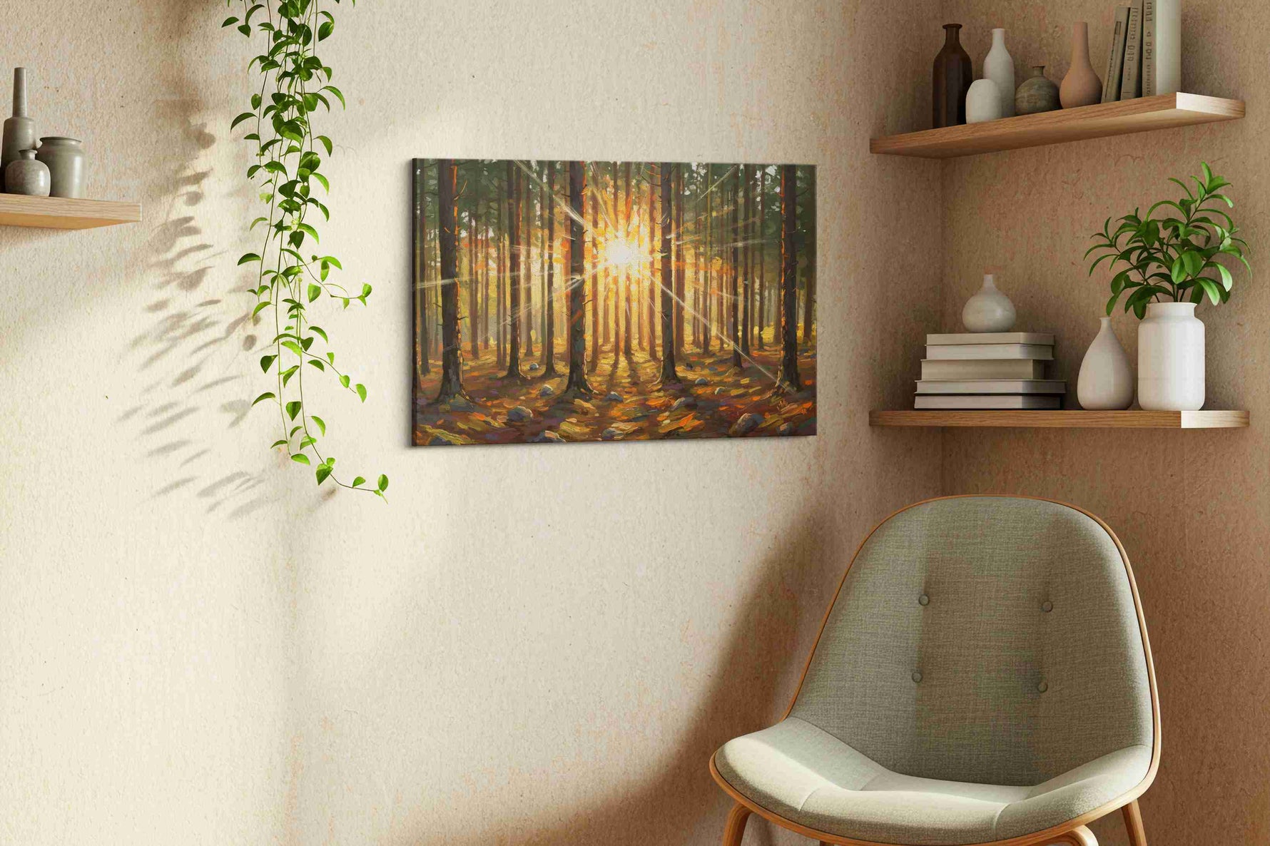 Radiant Forest Awakening nature canvas print, displayed in a living room