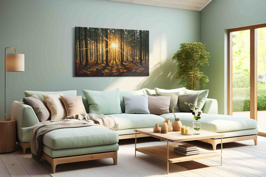 Radiant Forest Awakening nature canvas print, hanging on wall