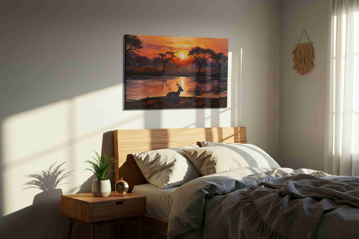 Serenade of the Savannah landscape canvas print, displayed in a bedroom