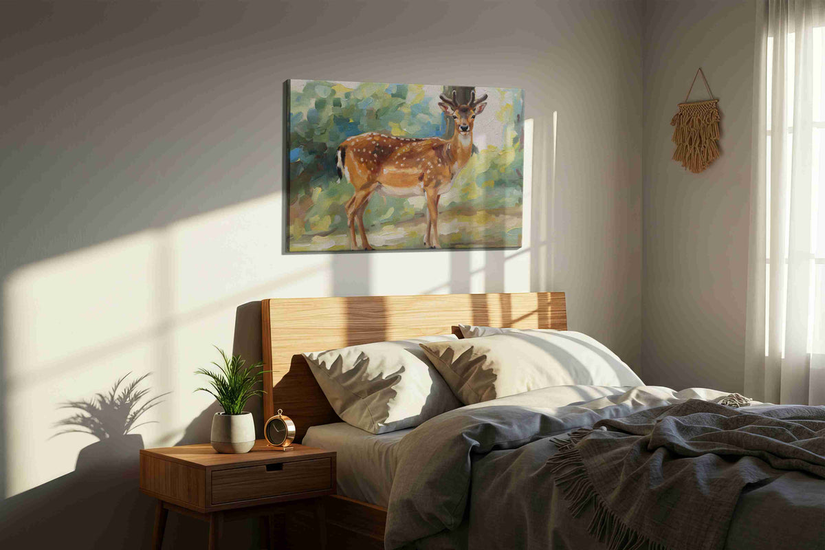 Serenity in the Glade animals canvas print, displayed in a bedroom