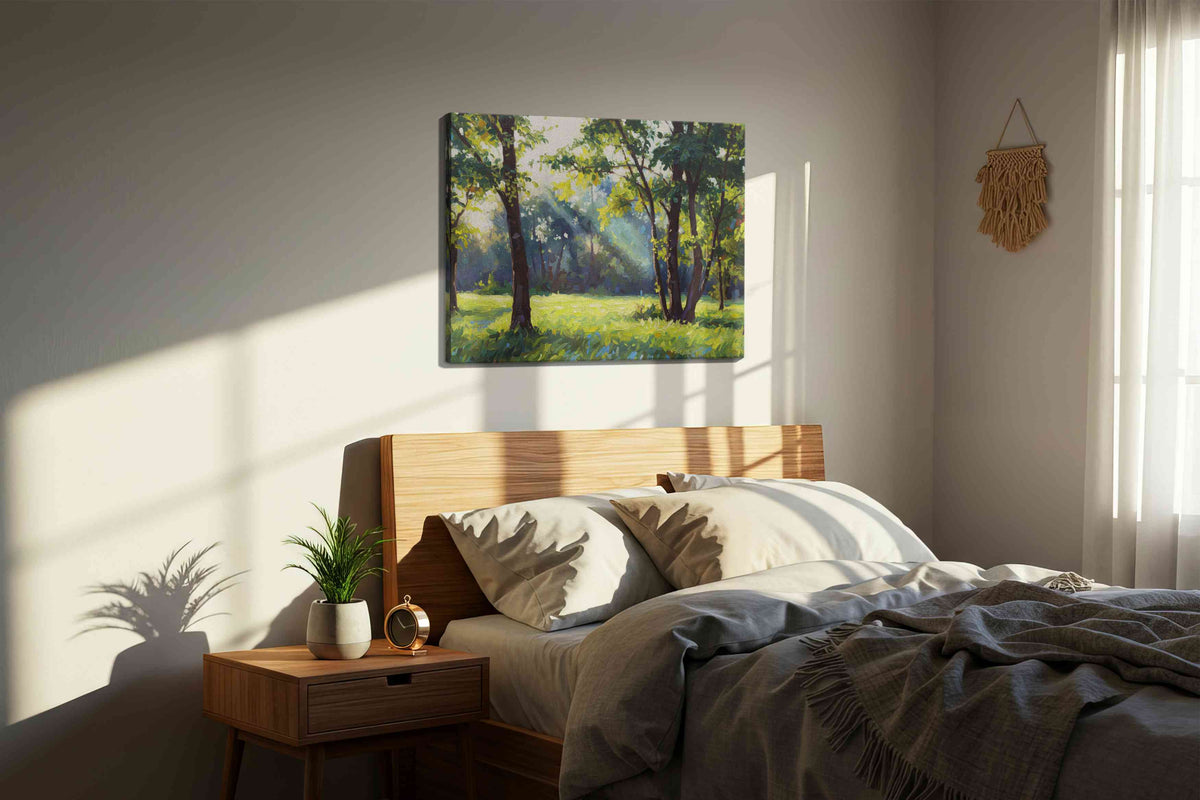 Sunlit Serenity Grove landscape canvas print, displayed in a bedroom