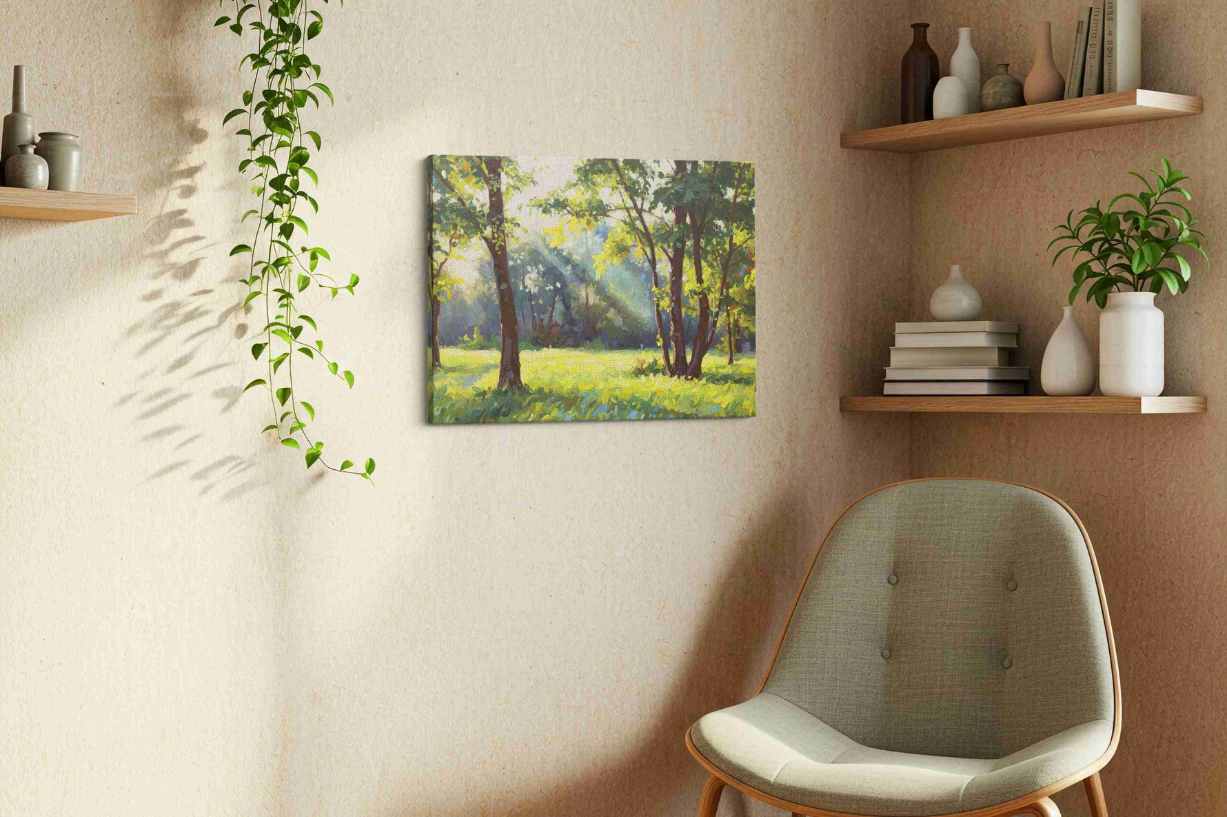 Sunlit Serenity Grove landscape canvas print styled in a living room