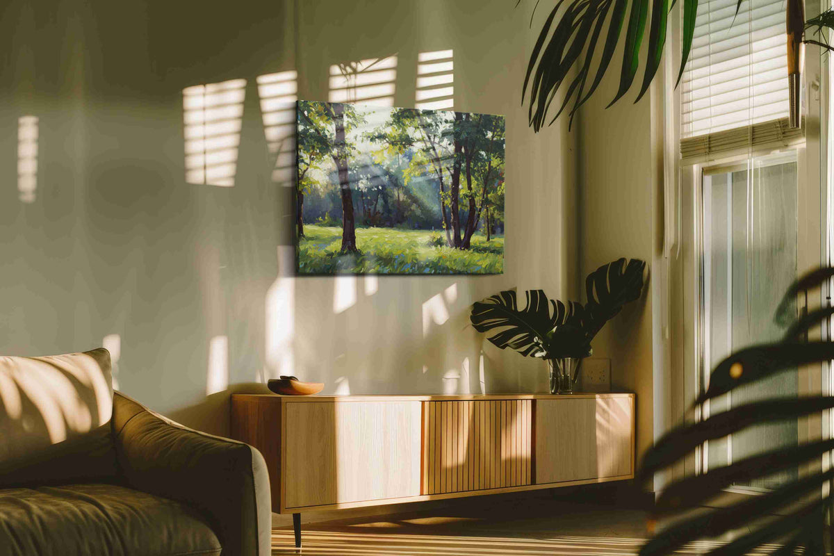 Sunlit Serenity Grove landscape canvas print, on wall, lifestyle preview