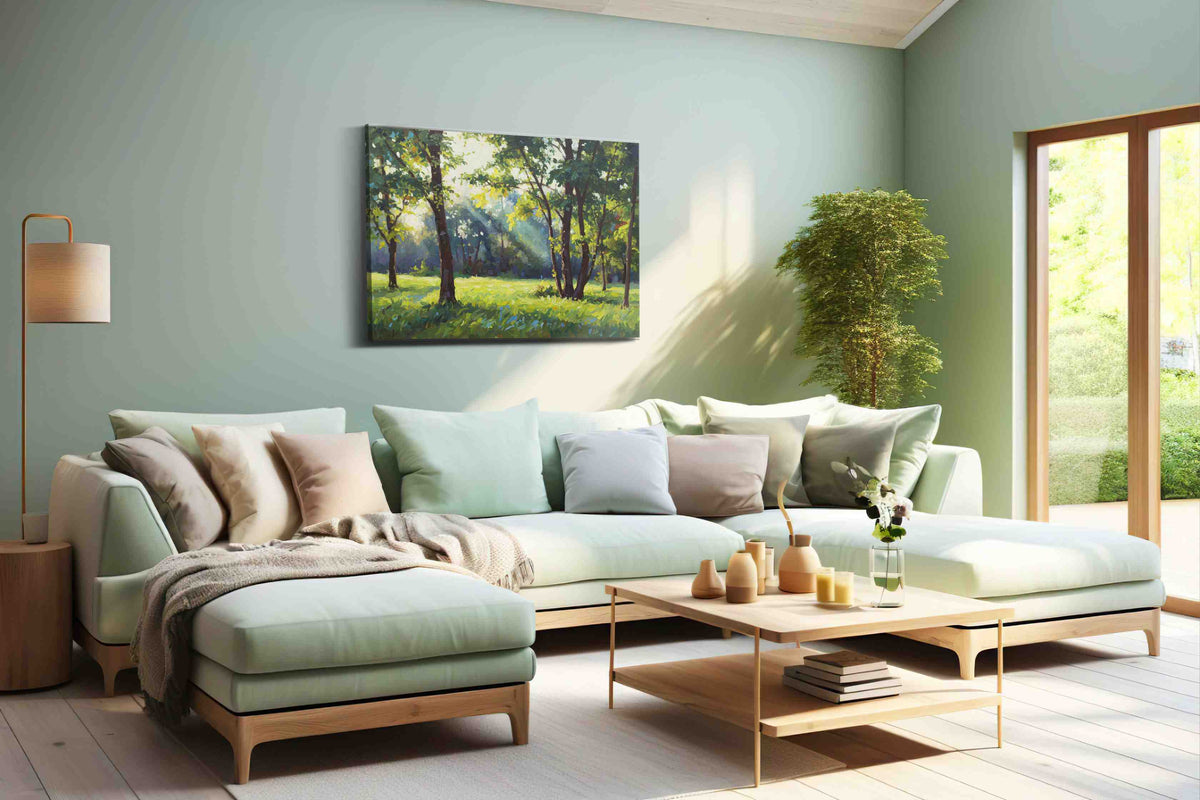 Sunlit Serenity Grove landscape canvas print, hanging on wall