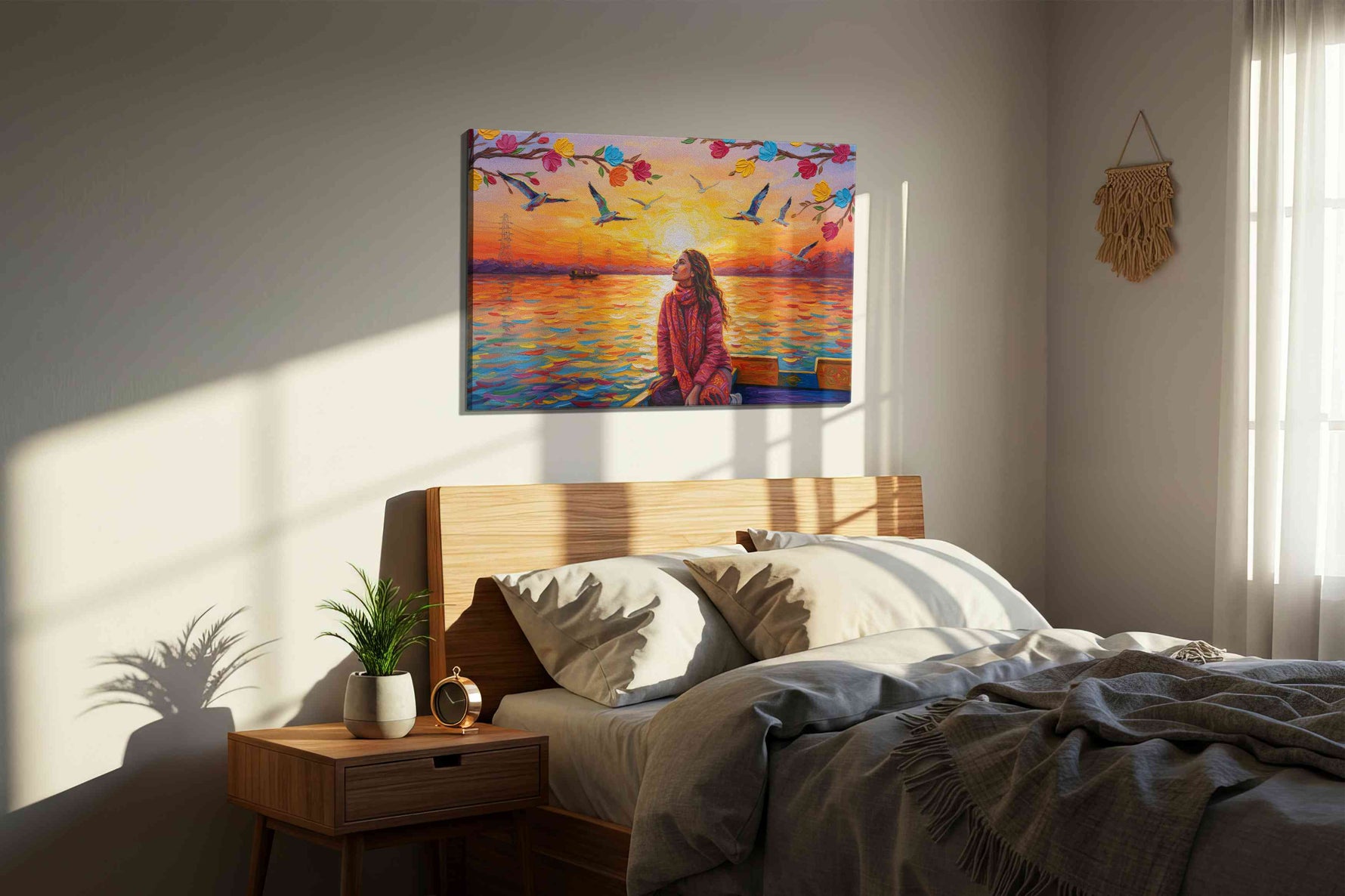 Sunset Symphony of Colors landscape canvas print, displayed in a bedroom