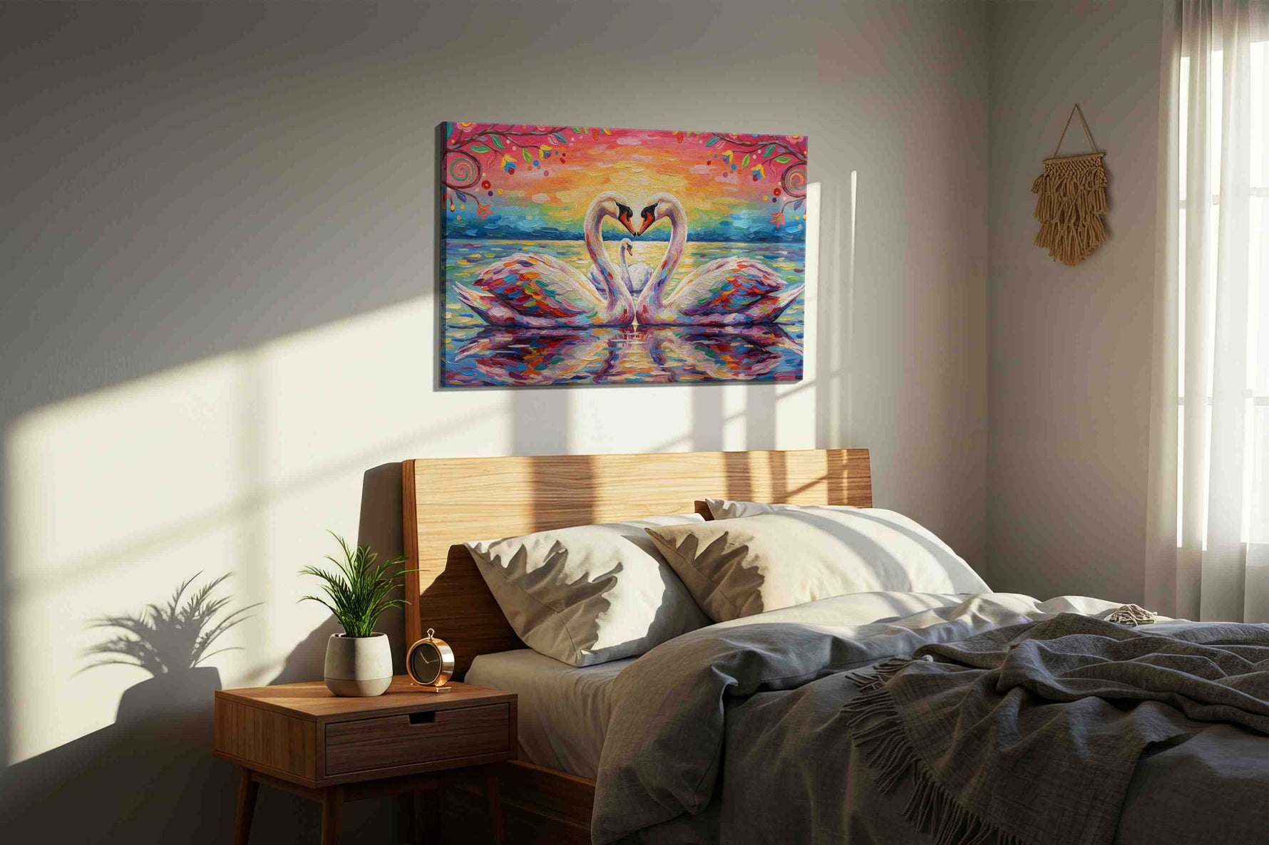 Symphony of Serenity birds canvas print, displayed in a bedroom