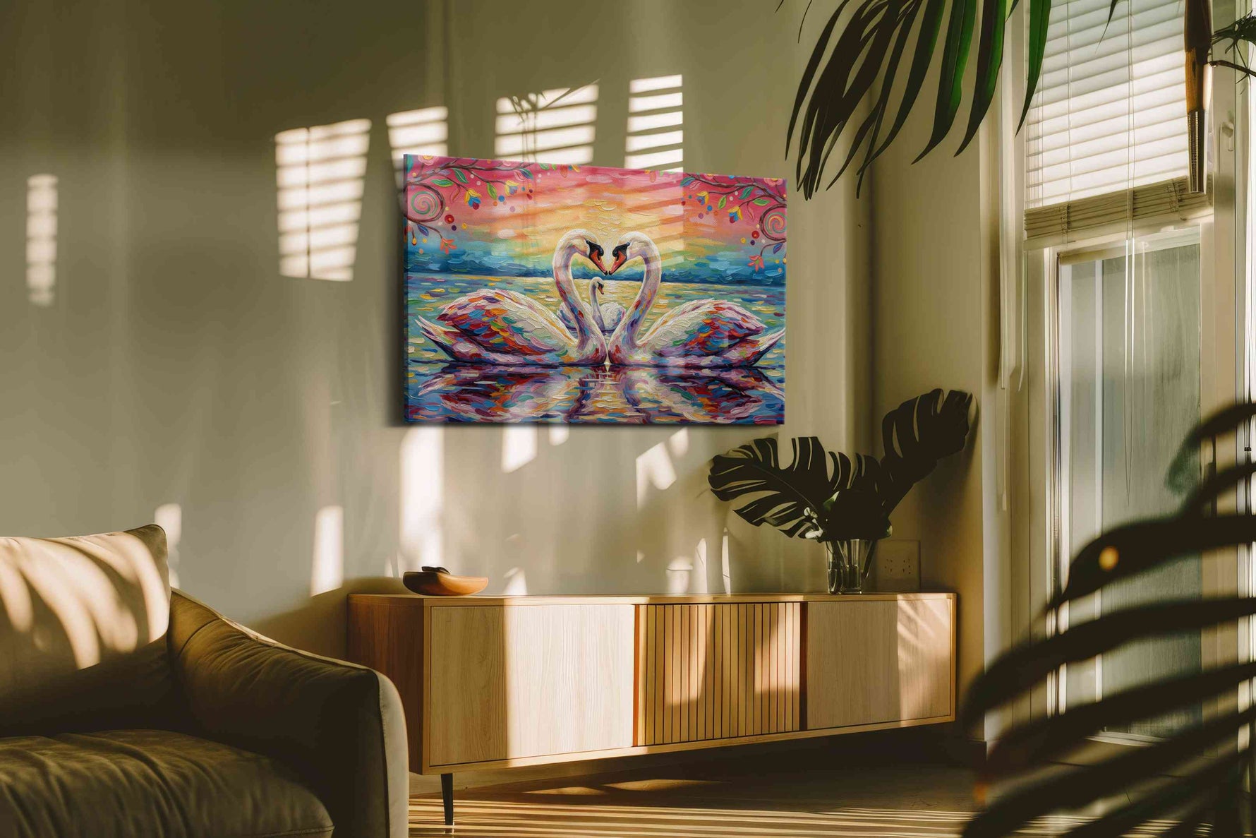 Symphony of Serenity birds canvas print in a contemporary interior mockup