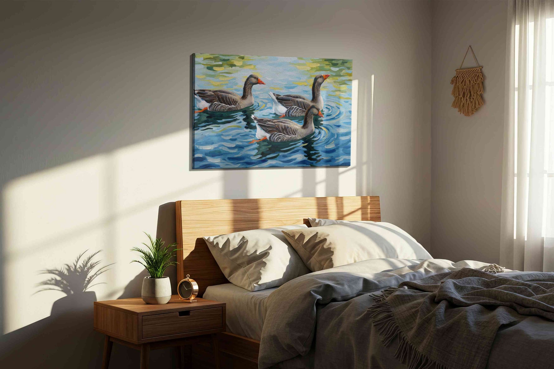 Tranquil Glide of Waterfowl animals canvas print, displayed in a bedroom