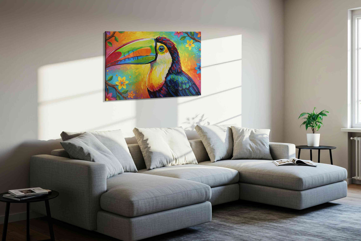 Tropical Symphony of Colors birds canvas print, displayed in a living room