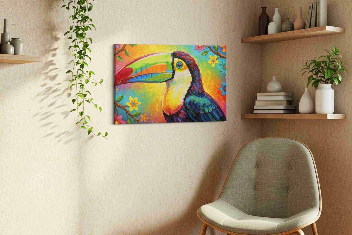 Tropical Symphony of Colors birds canvas print, hanging on wall — view 3
