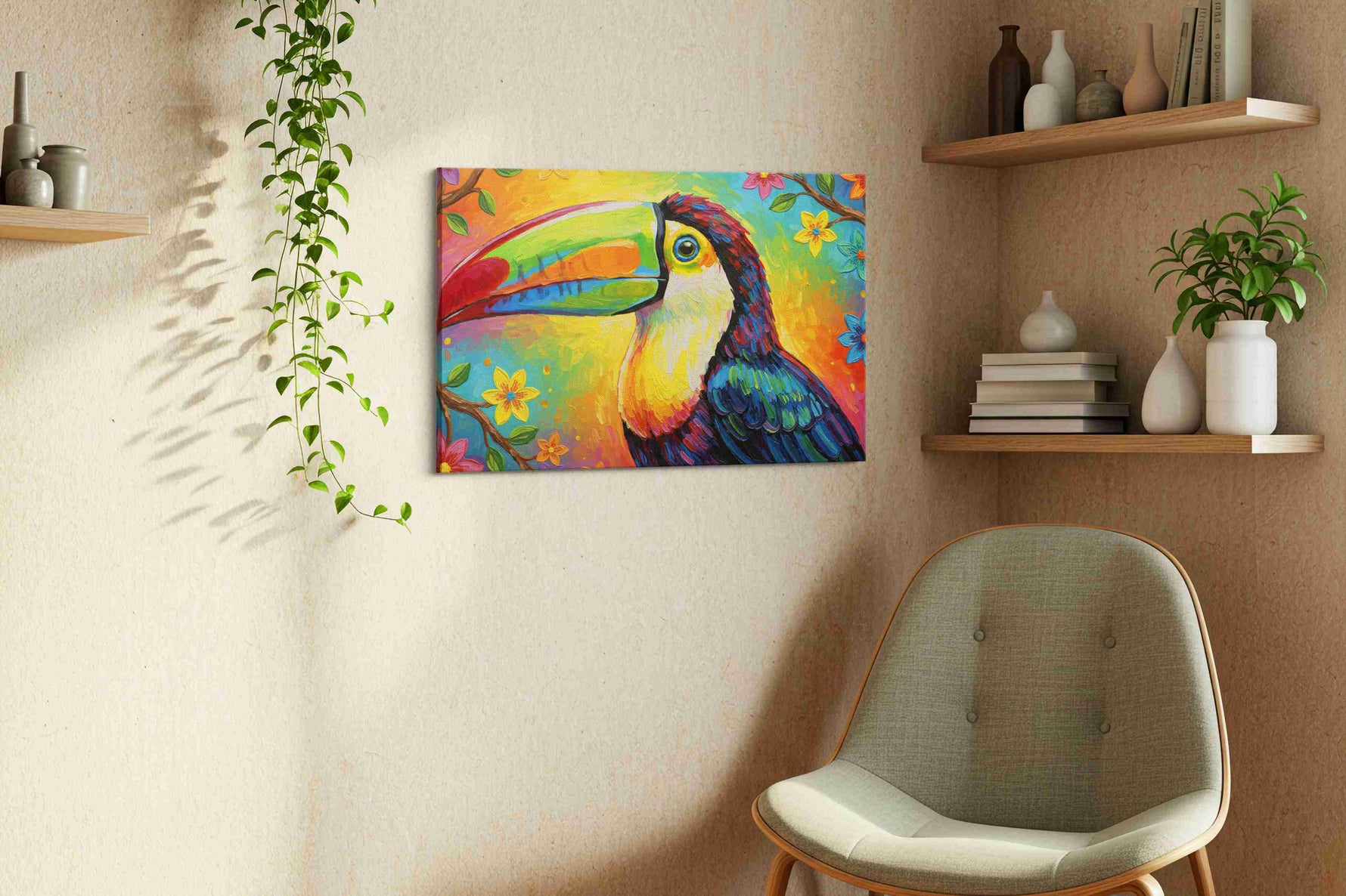 Tropical Symphony of Colors birds canvas print, hanging on wall — view 3