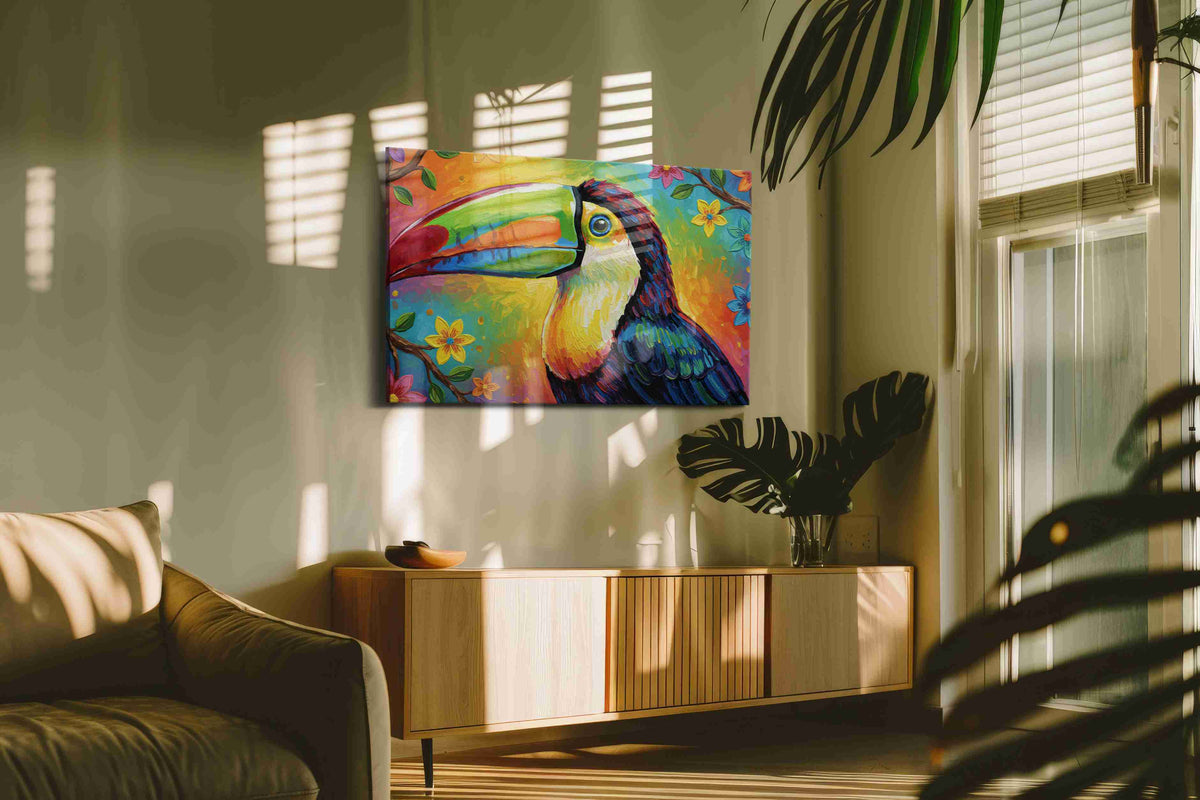 Tropical Symphony of Colors birds canvas print in a hung canvas mockup