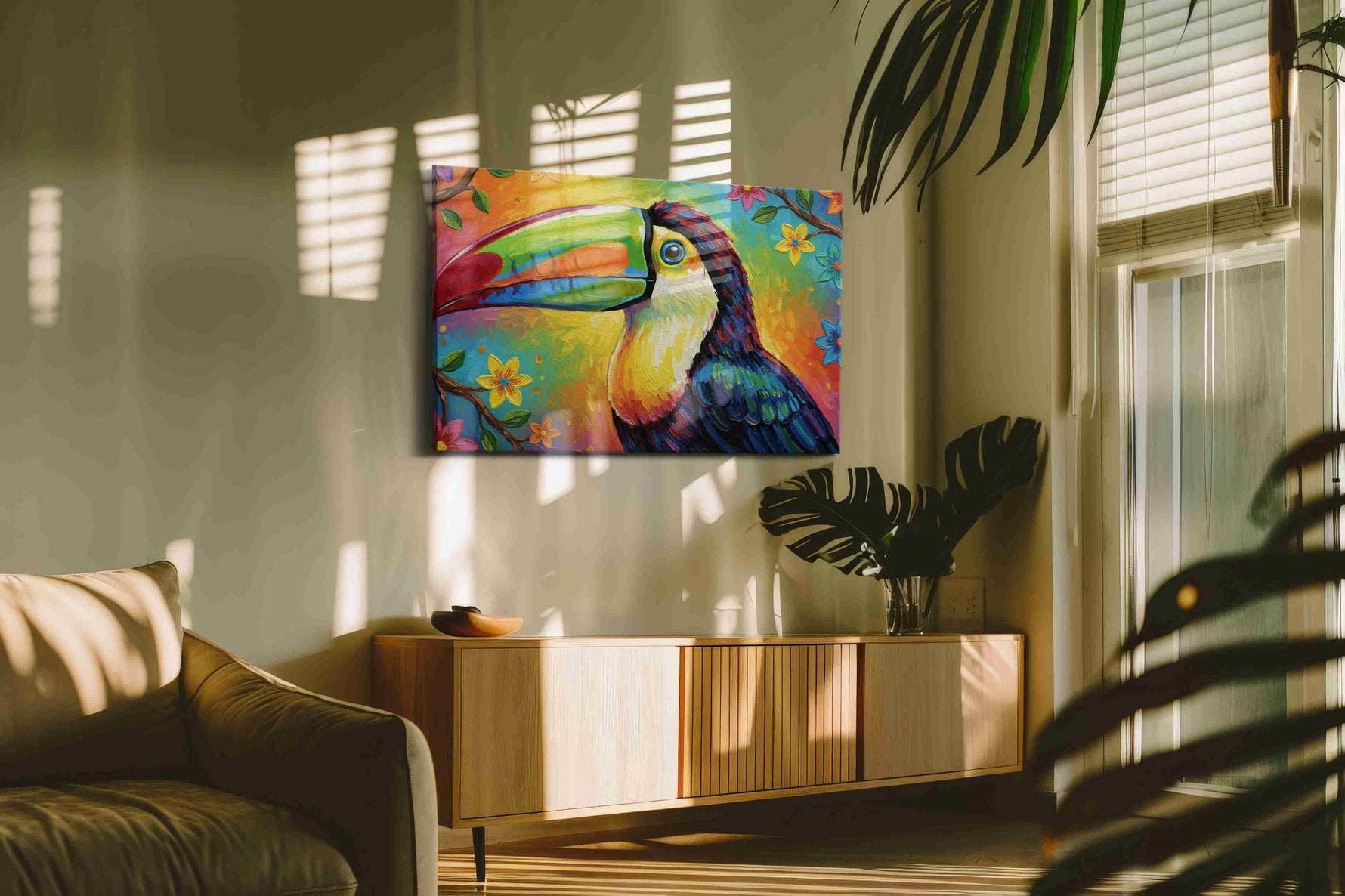 Tropical Symphony of Colors birds canvas print in a hung canvas mockup