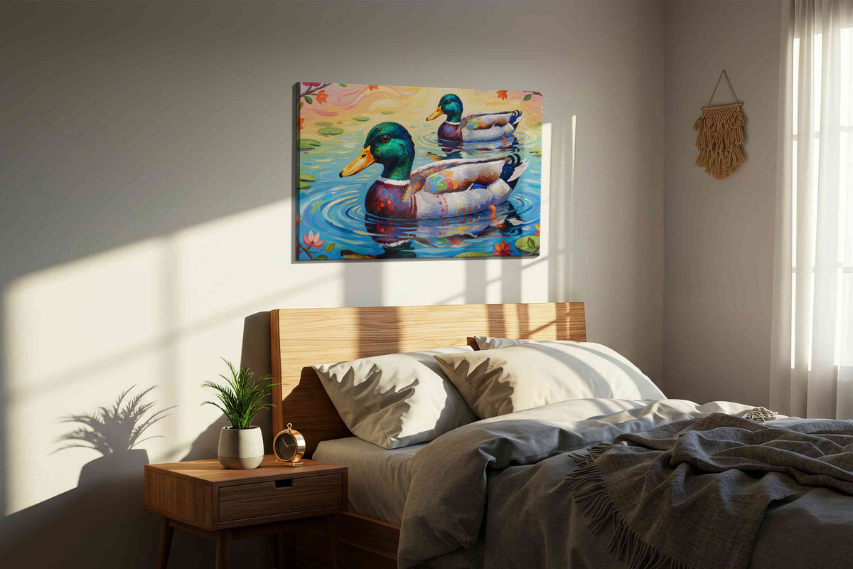 Whimsical Water Ballet birds canvas print, displayed in a bedroom