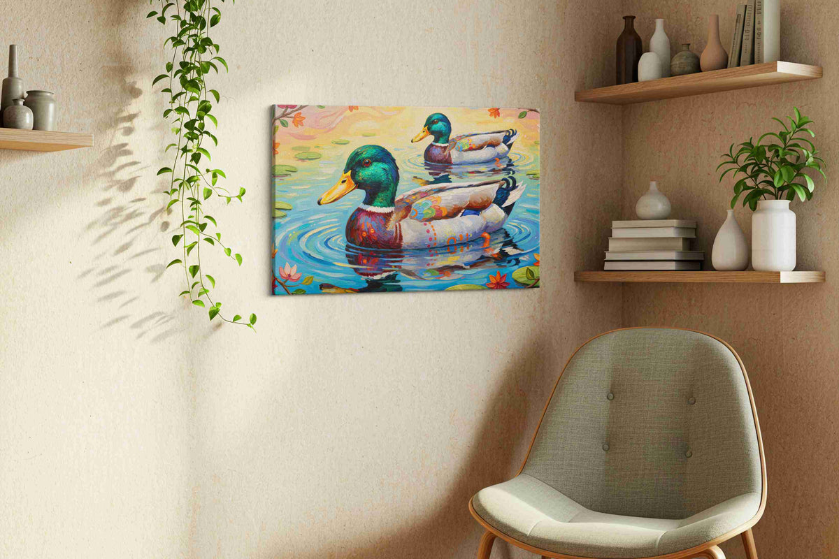 Whimsical Water Ballet birds canvas print, displayed in a living room
