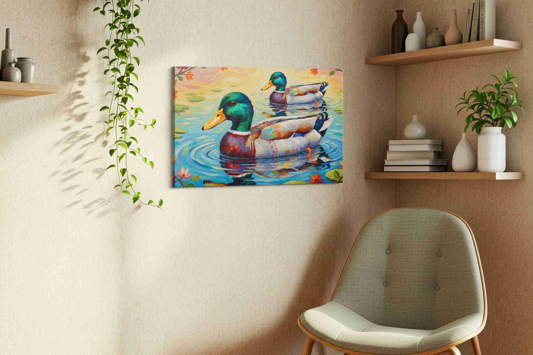 Whimsical Water Ballet birds canvas print, displayed in a living room