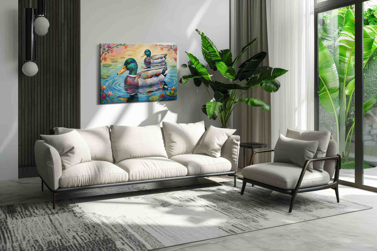 Whimsical Water Ballet birds canvas print in a modern interior mockup