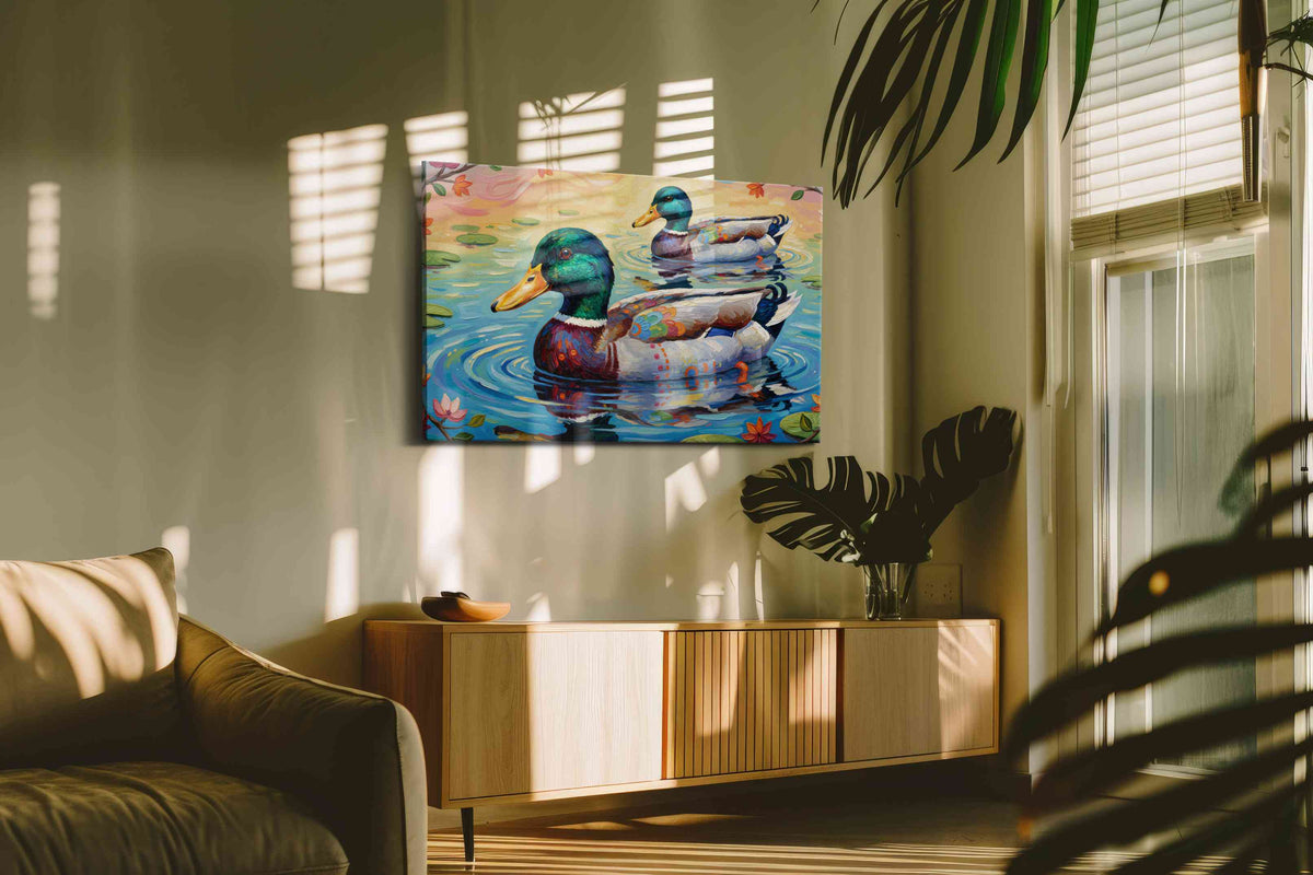 Whimsical Water Ballet birds canvas print, on wall, lifestyle preview