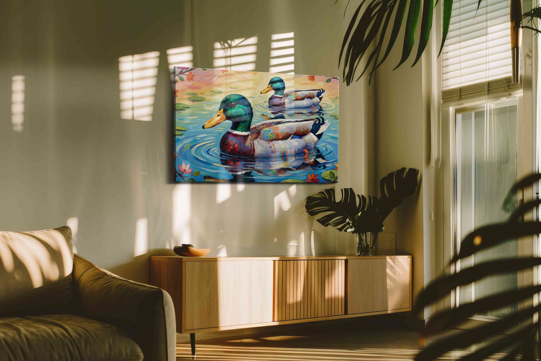 Whimsical Water Ballet birds canvas print, on wall, lifestyle preview