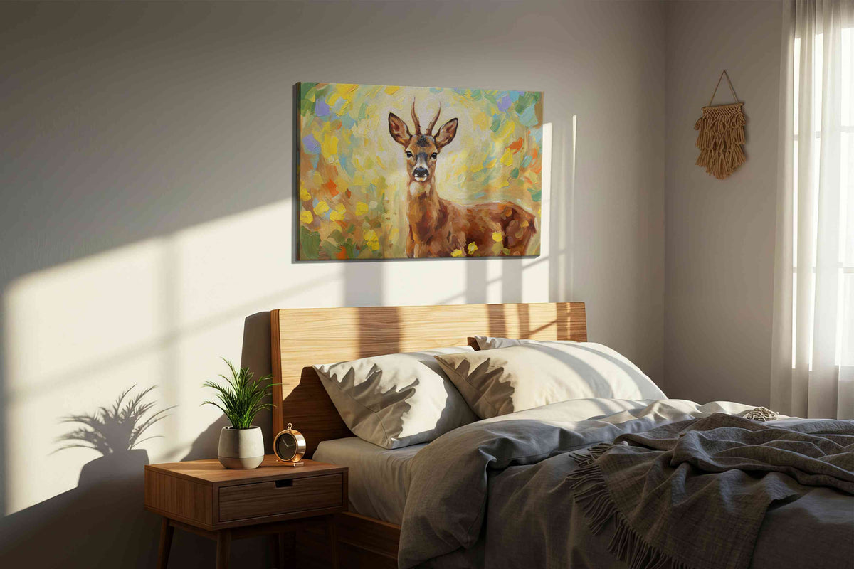 Whimsical Woodland Encounter animals canvas print, displayed in a bedroom