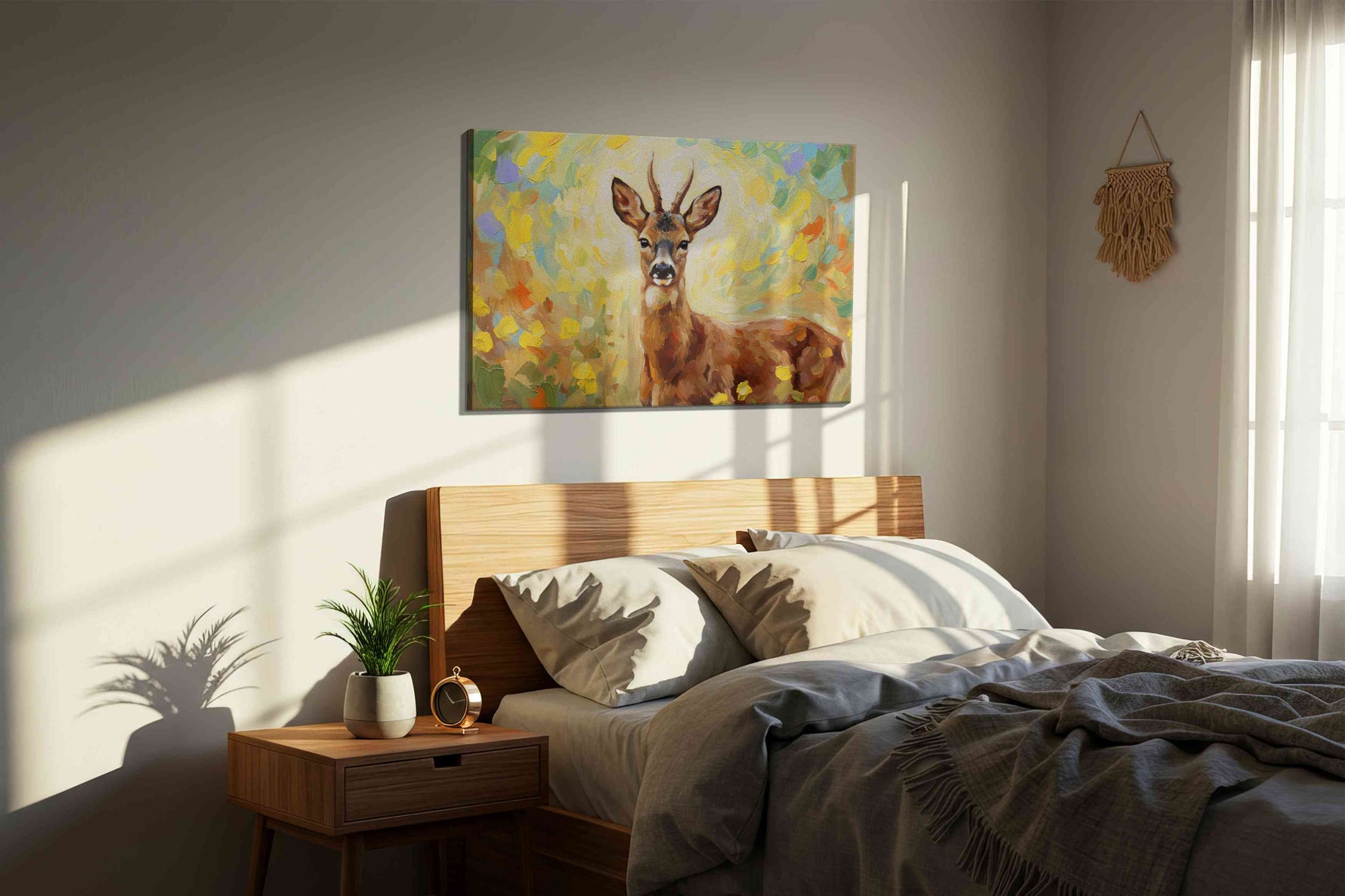 Whimsical Woodland Encounter animals canvas print, displayed in a bedroom