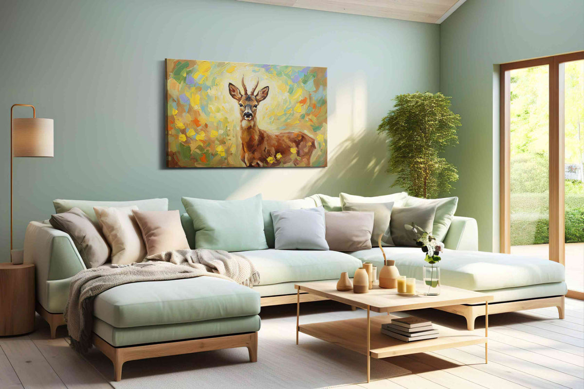 Whimsical Woodland Encounter animals canvas print, hanging on wall