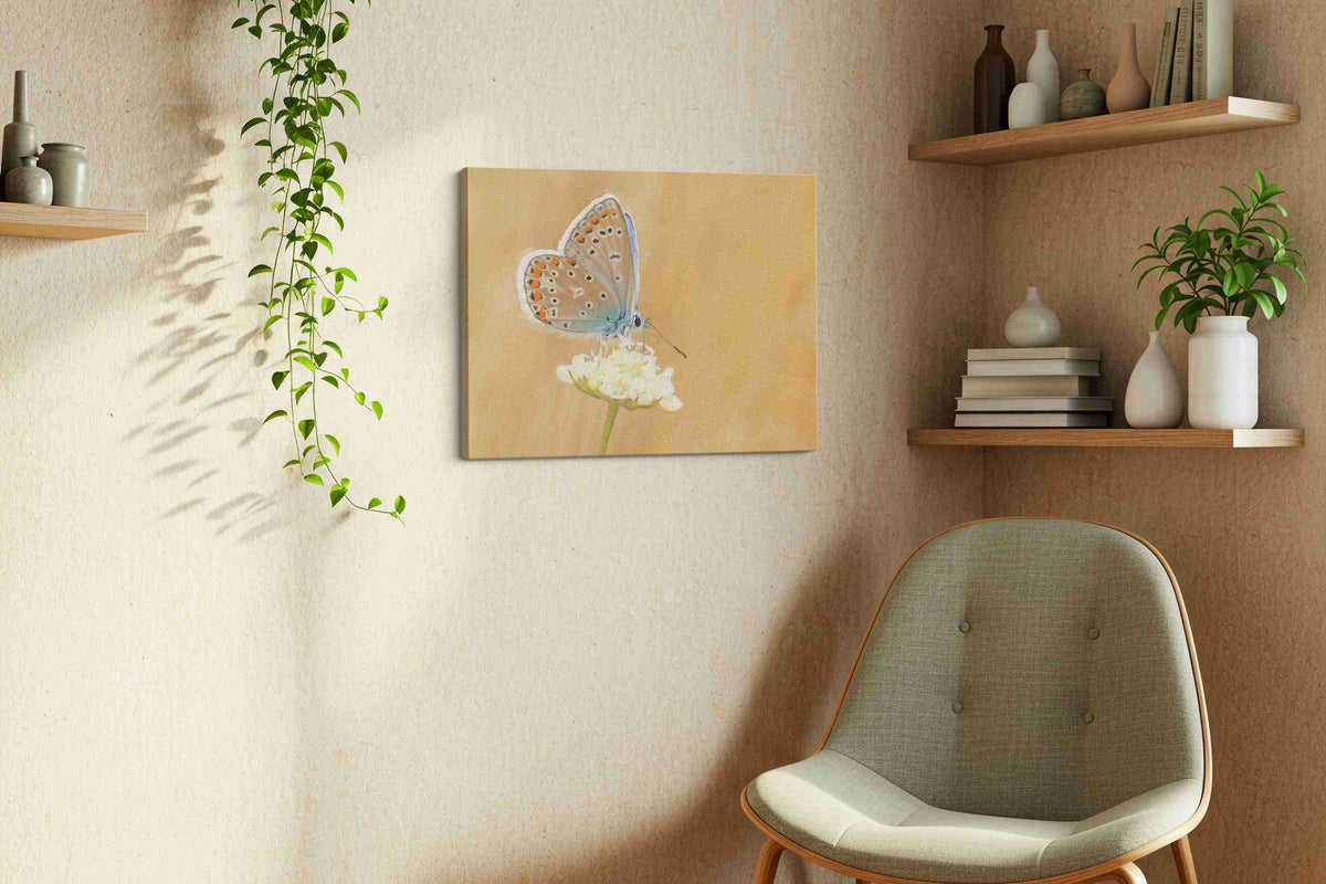 Whisper of the Blue Wings nature canvas print, displayed in a living room