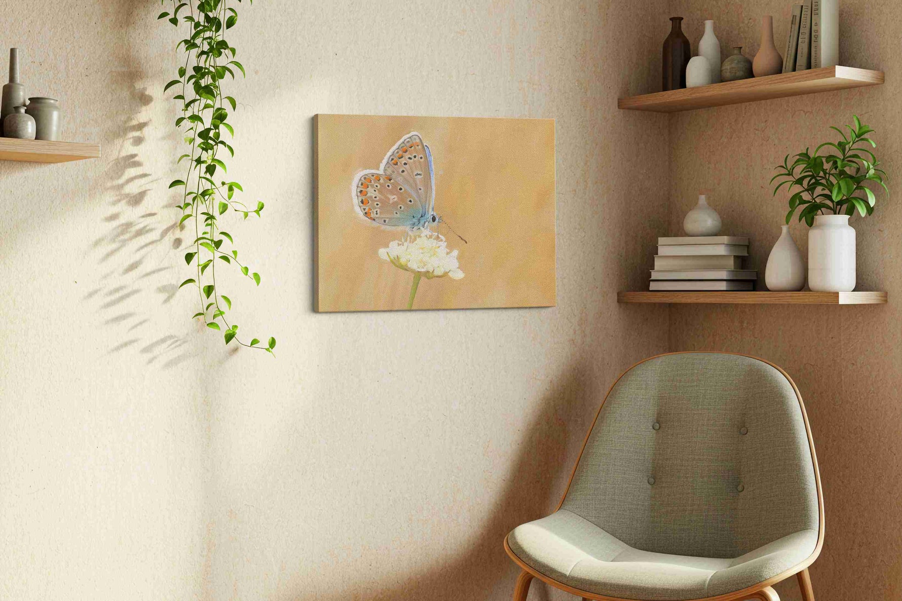 Whisper of the Blue Wings nature canvas print, displayed in a living room