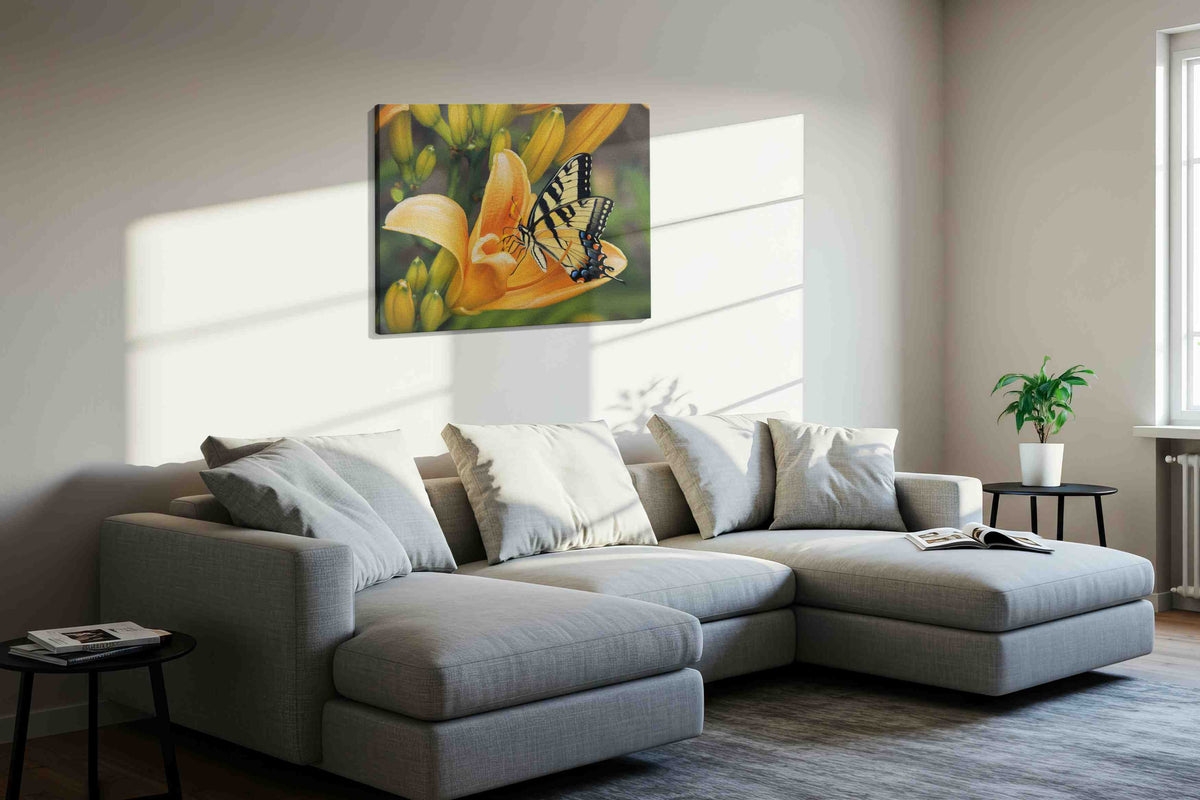 Whisper of the Butterfly Bloom floral canvas print, displayed in a living room