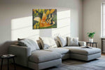 Whisper of the Butterfly Bloom floral canvas print, displayed in a living room