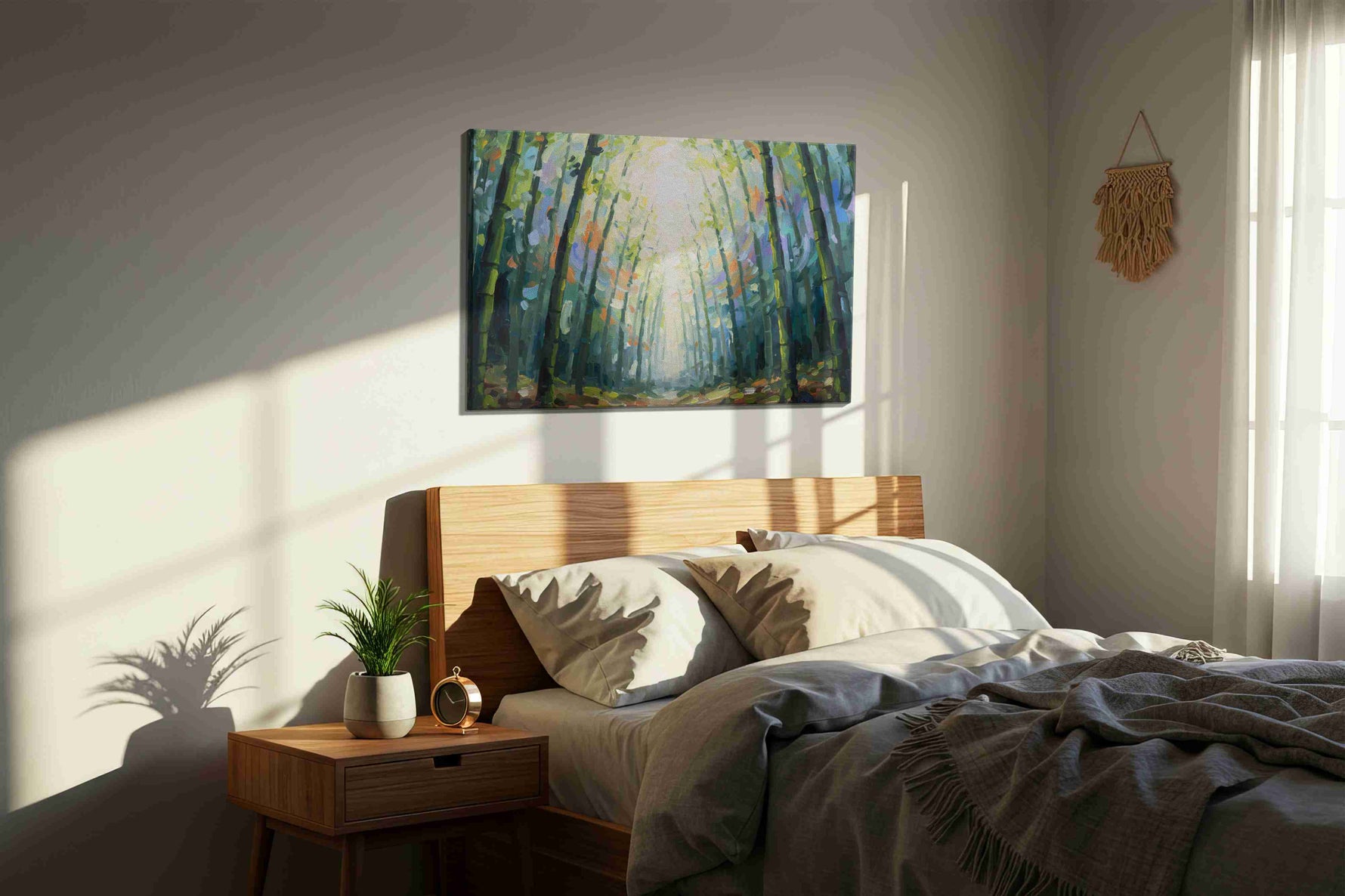 Whispering Bamboo Canopy nature canvas print, displayed in a bedroom