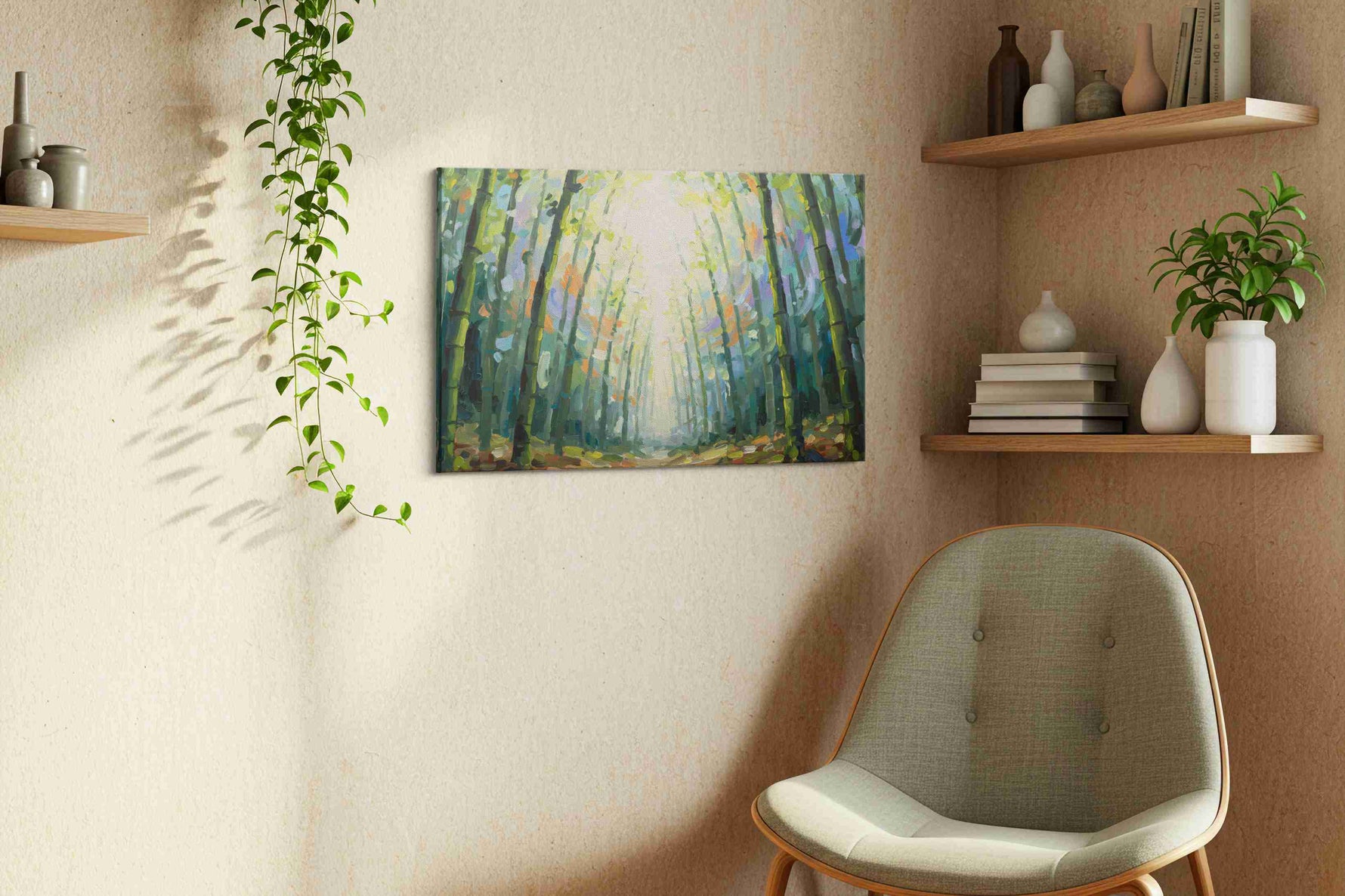 Whispering Bamboo Canopy nature canvas print, displayed in a living room