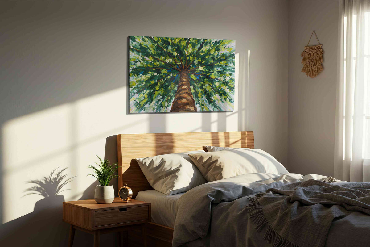 Whispering Canopy nature canvas print, displayed in a bedroom