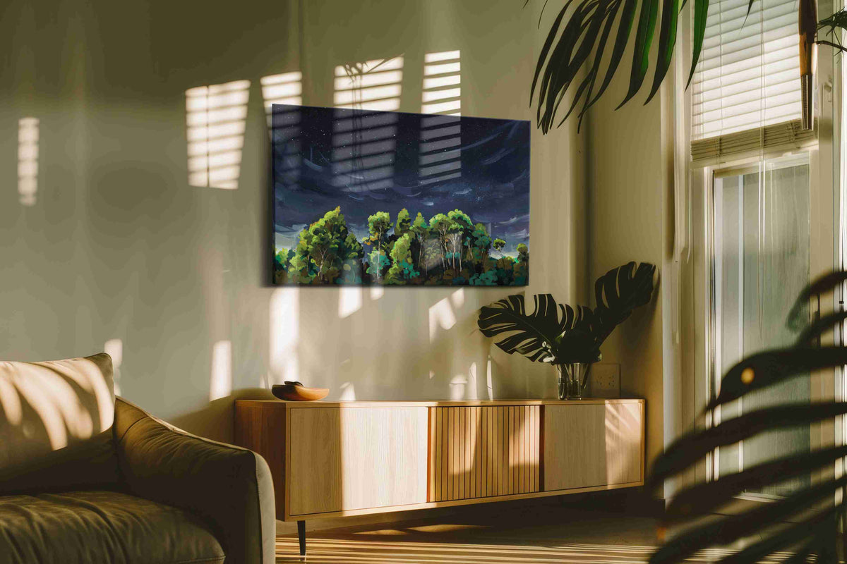 Whispering Canopy Beneath Stars landscape canvas print styled in a living room