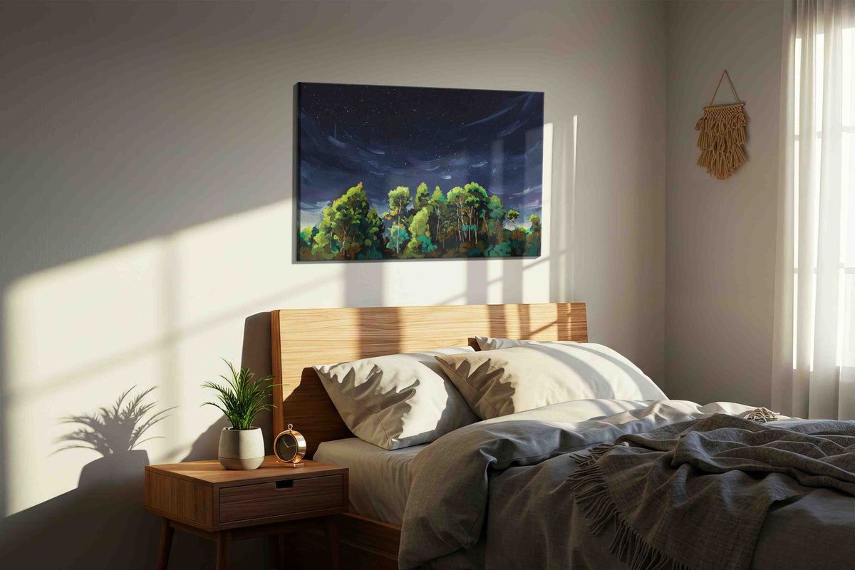 Whispering Canopy Beneath Stars landscape canvas print, displayed in a bedroom