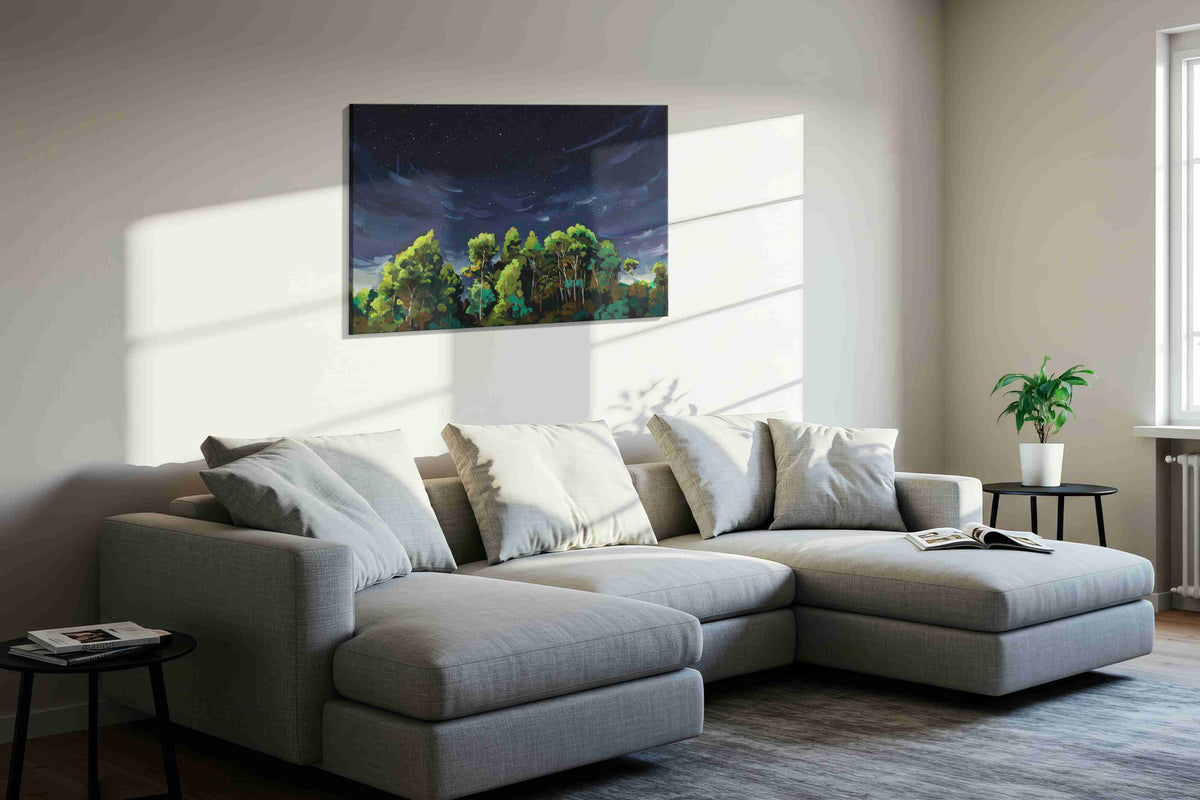 Whispering Canopy Beneath Stars landscape canvas print, displayed in a living room