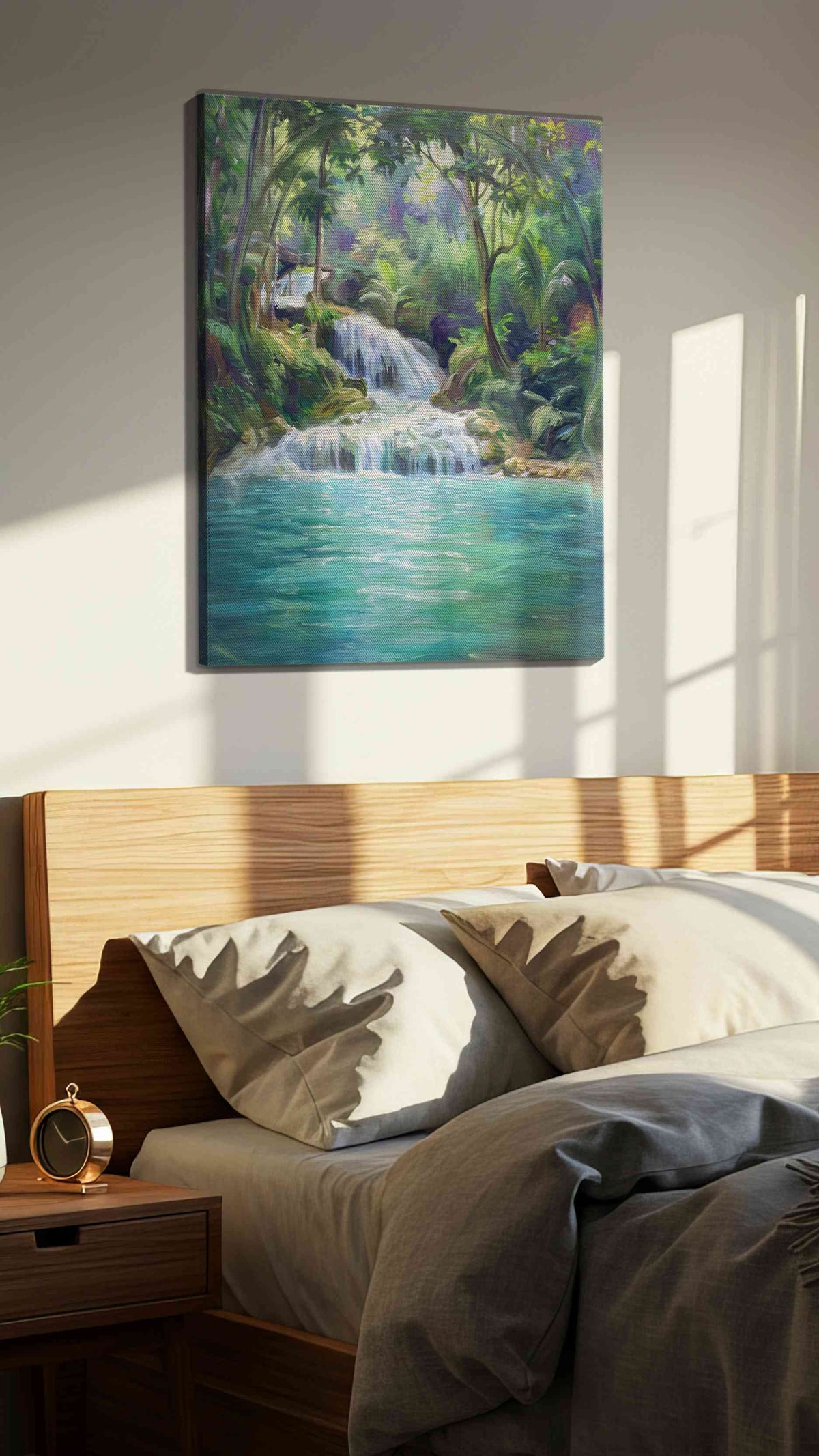 Whispering Falls of Serenity landscape canvas print, displayed in a bedroom