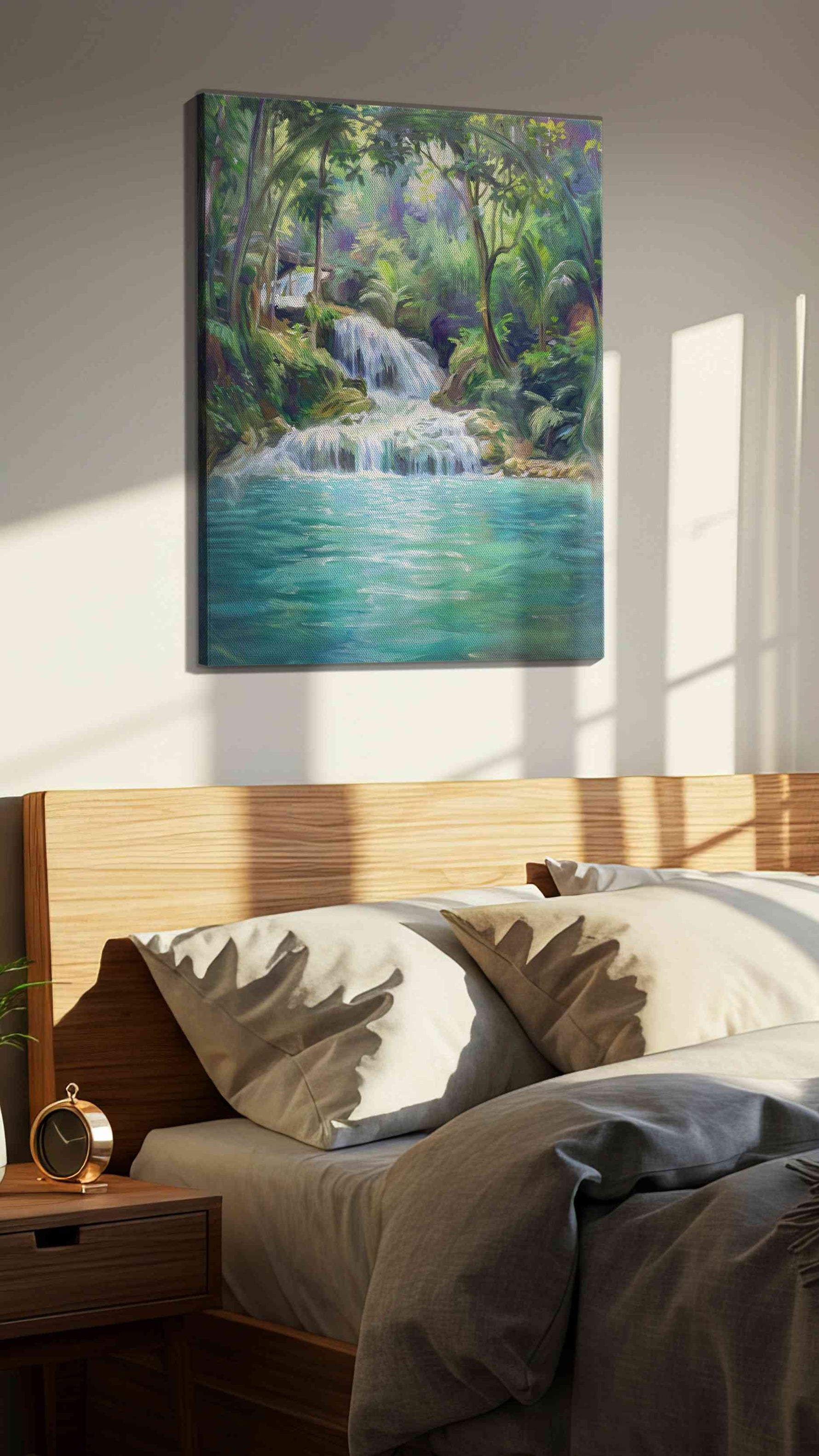 Whispering Falls of Serenity landscape canvas print, displayed in a bedroom