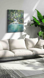 Whispering Falls of Serenity landscape canvas print in a hung canvas mockup