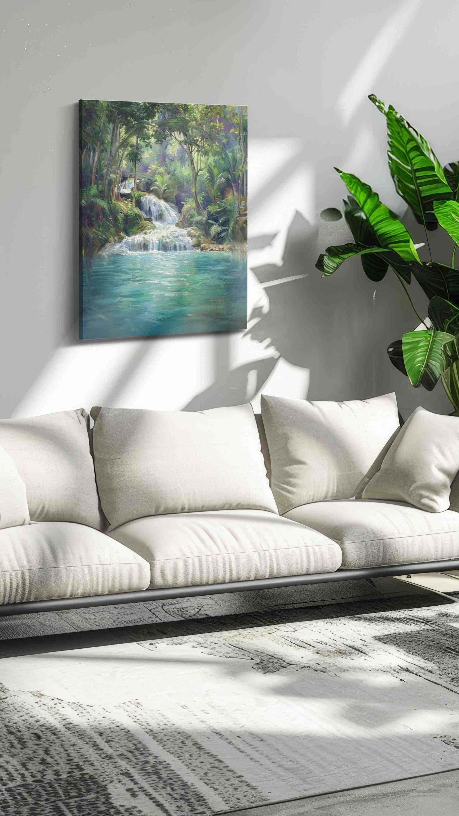 Whispering Falls of Serenity landscape canvas print in a hung canvas mockup