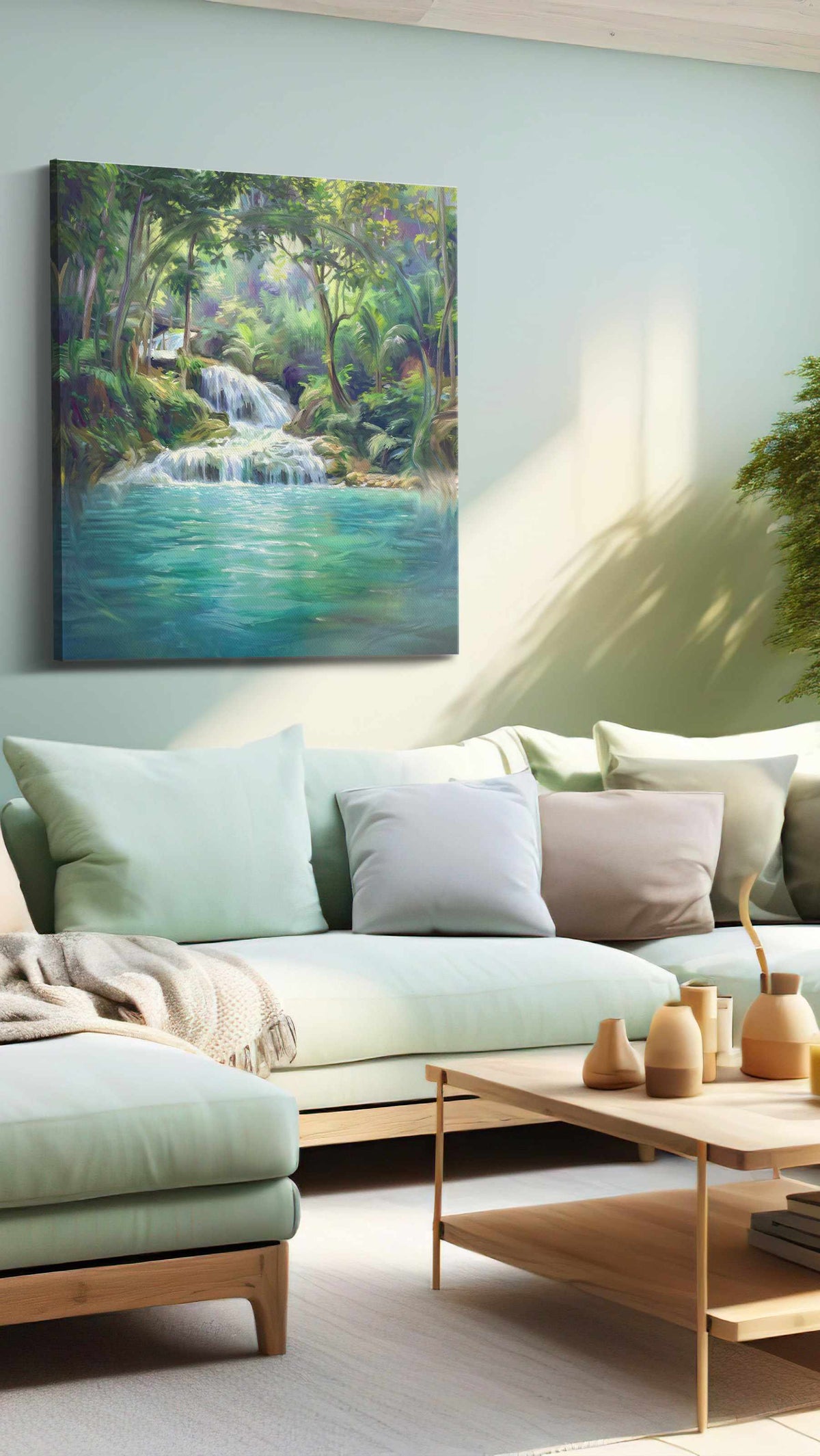 Whispering Falls of Serenity landscape canvas print, hanging on wall