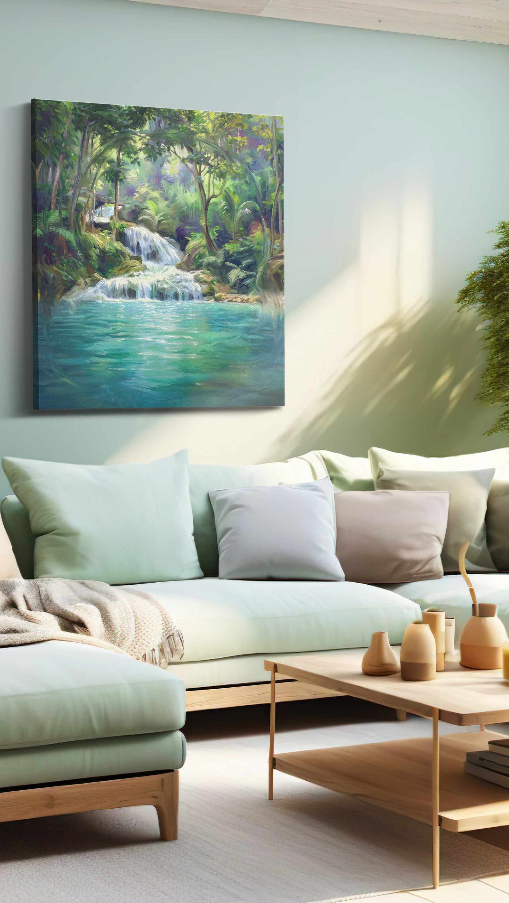 Whispering Falls of Serenity landscape canvas print, hanging on wall