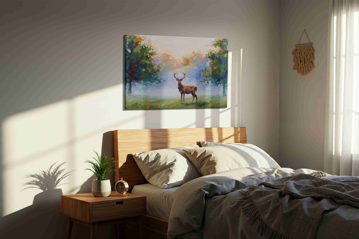 Whispering Forest Dawn nature canvas print, displayed in a bedroom