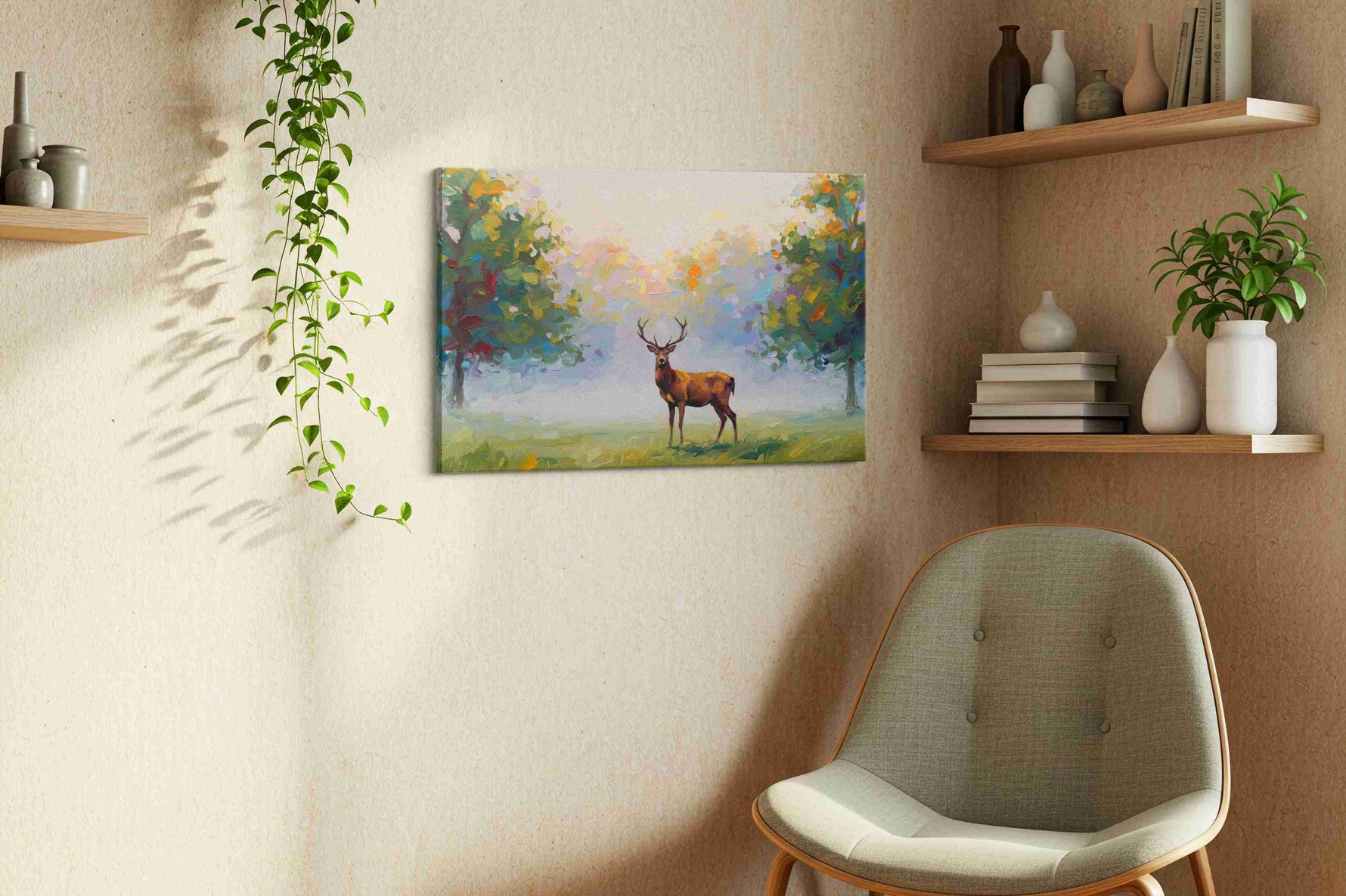 Whispering Forest Dawn nature canvas print styled in a living room