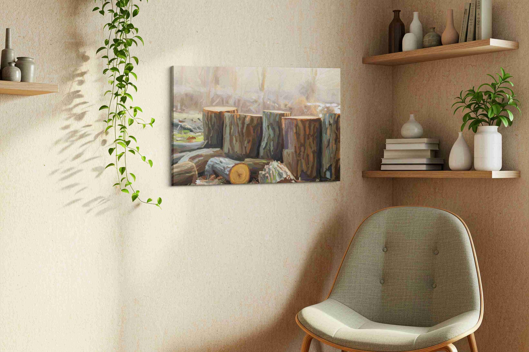 Whispering Woods Awakening landscape canvas print, displayed in a living room