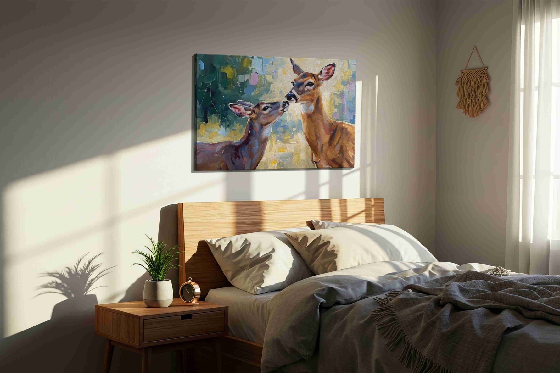Whispering Woods Harmony animals canvas print, displayed in a bedroom